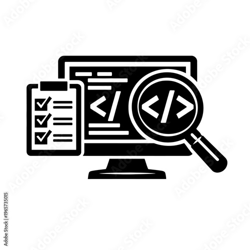 Website development and coding concept with checklist and magnifying glass on computer screen for bug fixing and optimization