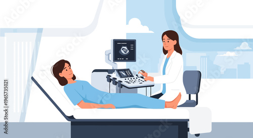Doctor performs ultrasound examination on a pregnant woman in a modern clinic