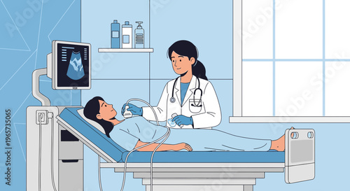 Doctor performs ultrasound examination on female patient in clinic, medical technology