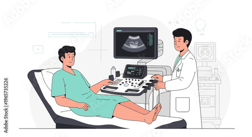Doctor performs ultrasound examination on male patient in clinic, medical technology