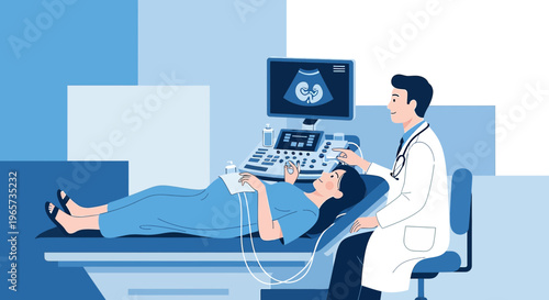 Doctor performs ultrasound examination on female patient, kidney scan on screen