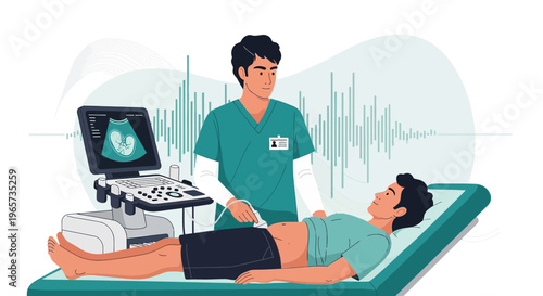 Doctor performs ultrasound examination on male patient in modern medical clinic