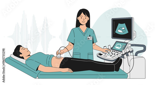 Doctor performs ultrasound examination on male patient lying on examination table