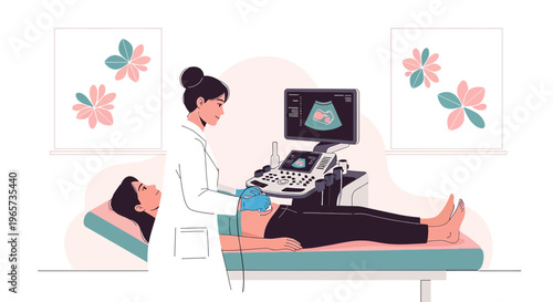 Doctor performs ultrasound examination on pregnant woman, showing baby on screen