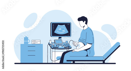 Doctor performs ultrasound examination on pregnant woman, showing baby on screen