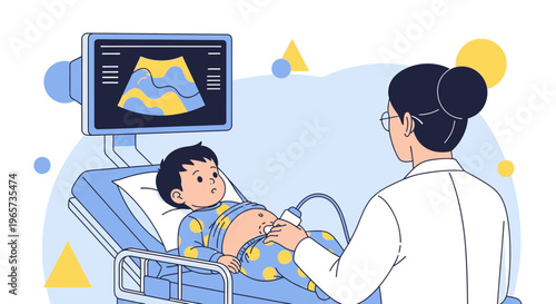 Doctor performs ultrasound on child, medical examination, healthcare concept