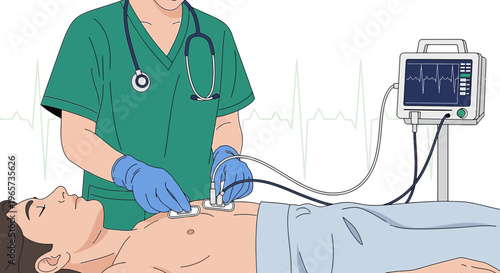 Doctor performs ultrasound on patient's chest, monitoring vital signs on ECG machine