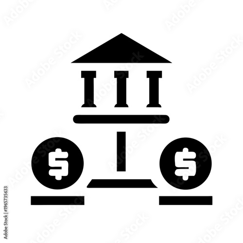 A minimalist vector graphic of a bank building with dollar signs