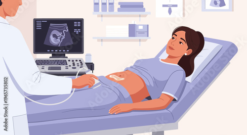 Doctor performs ultrasound on pregnant woman, showing baby on screen, healthcare concept