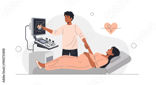 Doctor performs ultrasound on pregnant woman, showing baby on screen, healthcare concept