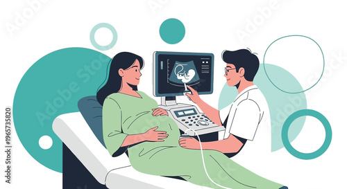 Doctor performs ultrasound on pregnant woman, showing baby on screen, modern clinic