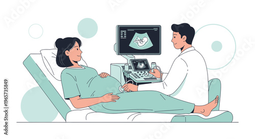 Doctor performs ultrasound on pregnant woman, showing baby on screen