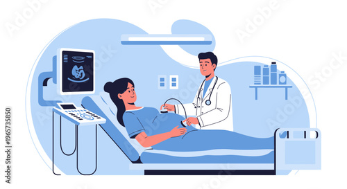 Doctor performs ultrasound on pregnant woman, showing baby on screen