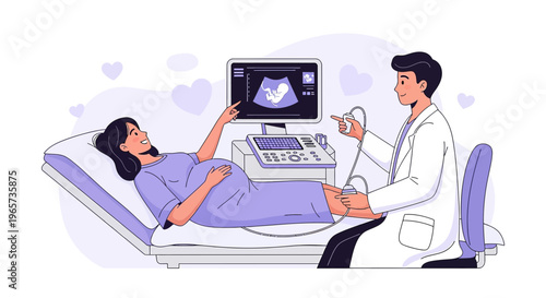 Doctor performs ultrasound on pregnant woman, showing baby on screen