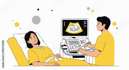 Doctor performs ultrasound on pregnant woman, showing baby on screen