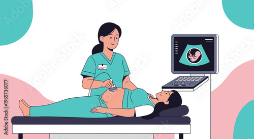 Doctor performs ultrasound on pregnant woman, showing baby on screen
