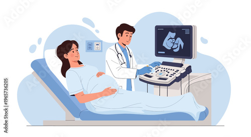 Doctor performs ultrasound on pregnant woman, showing baby on screen