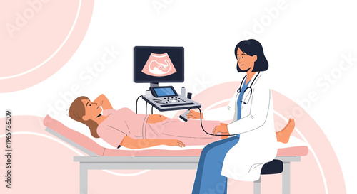 Doctor performs ultrasound on pregnant woman, showing baby on screen
