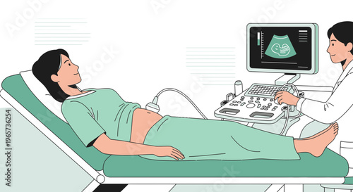 Doctor performs ultrasound on pregnant woman, showing baby on screen