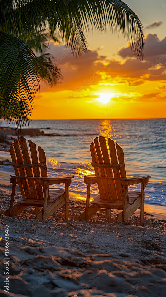 Fototapeta premium Two wooden Adirondack chairs sit on sandy beach foreground facing brilliant orange sunset over ocean, framed by palm fronds