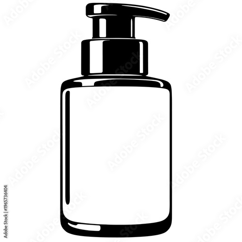 Black and white illustration of a dispenser bottle for soap or lotion with a pump on a white background