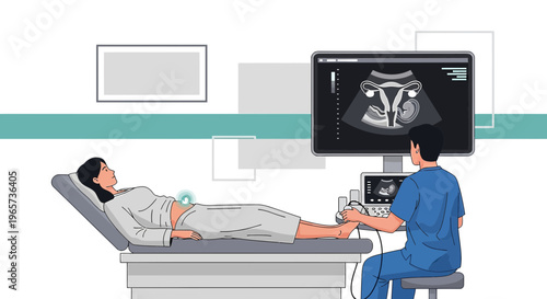 Doctor performs ultrasound on pregnant woman, showing fetus on screen