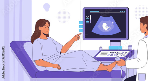 Doctor performs ultrasound on pregnant woman, showing fetus on screen