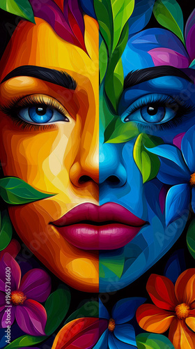 Vibrant split-face portrait of woman, artfully rendered in bold, contrasting warm and cool color palettes, adorned with stylized leaves and flowers, evoking sense of duality and natural beauty.