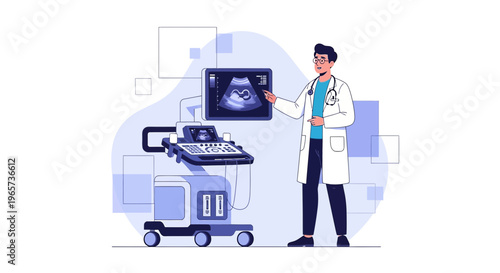 Doctor points to ultrasound screen showing fetus, medical equipment nearby