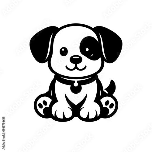 Cute black and white puppy dog with one eye patch cartoon character sitting on floor looking happy and friendly