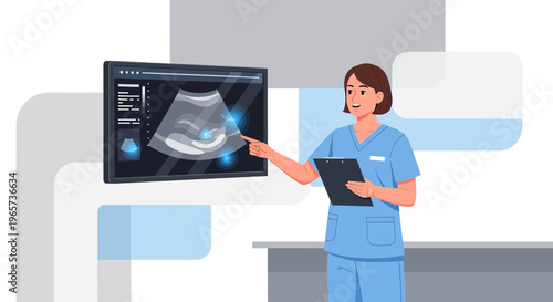 Doctor points to ultrasound screen showing fetus, medical technology, healthcare concept