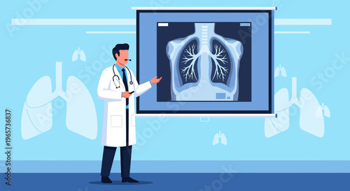 Doctor presenting lung X-ray on screen, medical illustration