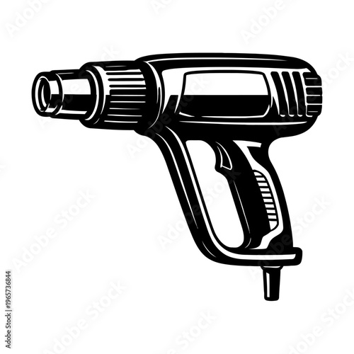 Black and white illustration of a heat gun on a white background