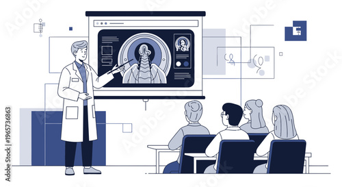 Doctor presenting medical scan results to students in a classroom