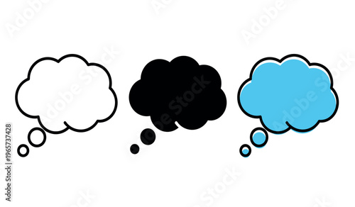 Three cartoon thought bubbles in white black and blue colors side by side