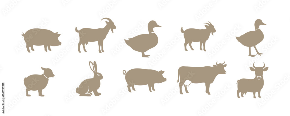 Obraz premium Farm animal icons showcasing a rooster, quail, turkey, goat, duck, hare, pig, and cow on a beige canvas