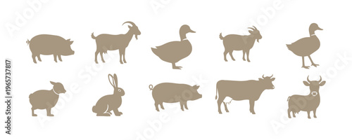 Farm animal icons showcasing a rooster, quail, turkey, goat, duck, hare, pig, and cow on a beige canvas