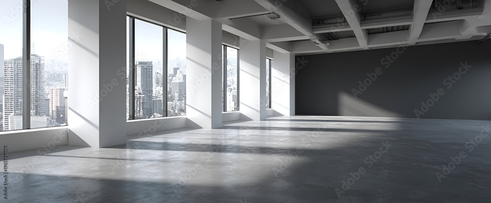 Obraz premium An empty, modern interior with large windows showcasing a cityscape. Concrete flooring and white pillars accentuate the open space and architectural design