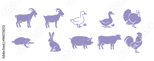 A collection of farm animal icons including a rooster, quail, turkey, goat, duck, hare, pig, and cow drawn against a beige background
