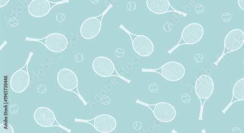 A light blue seamless background pattern featuring white tennis rackets and tennis balls, ideal for sports or recreation themes.