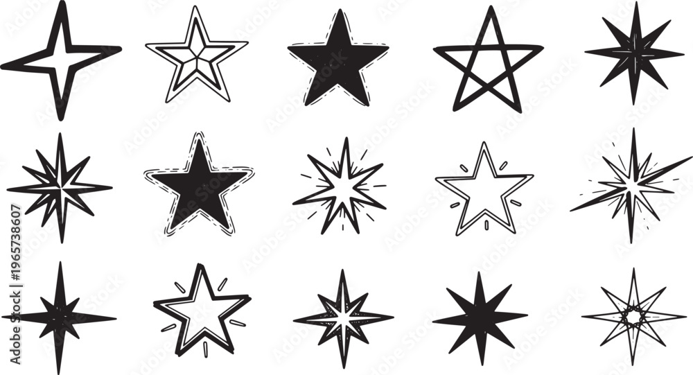 Obraz premium A Dynamic Collection of Hand-Drawn Star Illustrations Showcasing Diverse Shapes, Sparkle Effects, and Outlines, Perfect for Creative Graphic Design Projects