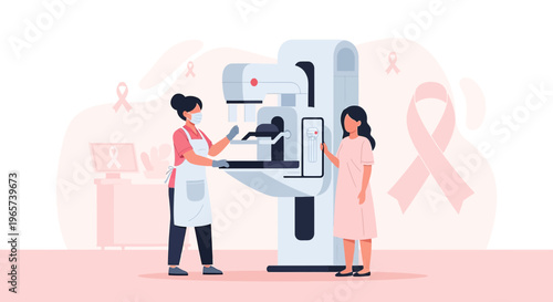 Mammography screening: Nurse performs breast cancer detection exam on patient with mammogram machine.