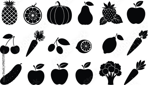 Fruit and Vegetable Silhouette Set featuring Apple Strawberry Pineapple Carrot Broccoli and Pumpkin for Healthy Food Nutrition Organic Lifestyle and Kitchen