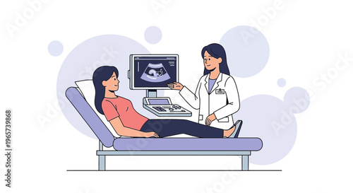 Doctor showing ultrasound scan of baby to pregnant woman in clinic