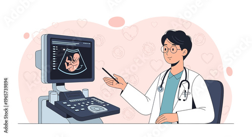 Doctor showing ultrasound scan of fetus on screen, medical technology concept
