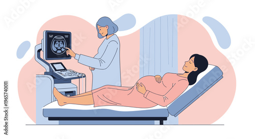 Doctor shows pregnant woman ultrasound scan of baby on monitor in clinic