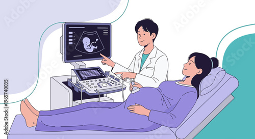 Doctor Shows Pregnant Woman Ultrasound Scan of Baby on Monitor