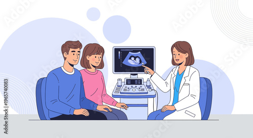 Doctor shows ultrasound image of baby to expectant couple, happy pregnancy and medical care concept