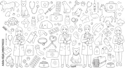 Comprehensive line art set depicting veterinary care, showcasing animal doctors, various pets, and essential medical tools for promoting animal health and wellness