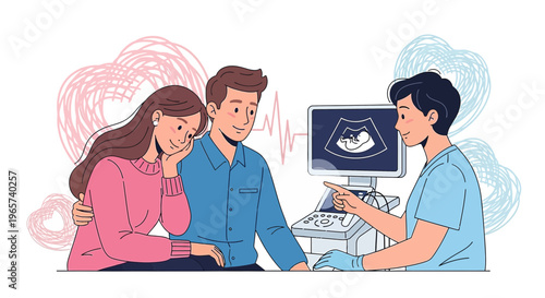 Doctor shows ultrasound scan of baby to expectant parents, happy family moment